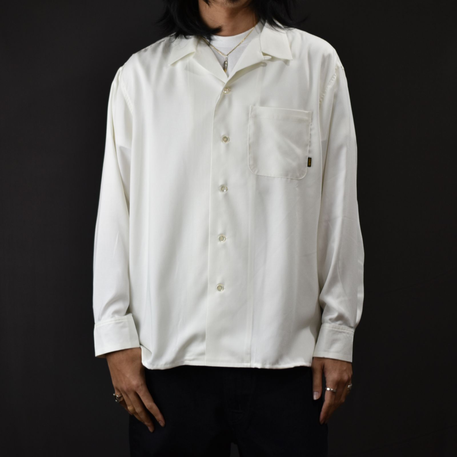 CALEE - EMBROIDERY OPEN COLLAR L/S SH (WHITE) / オープンカラー