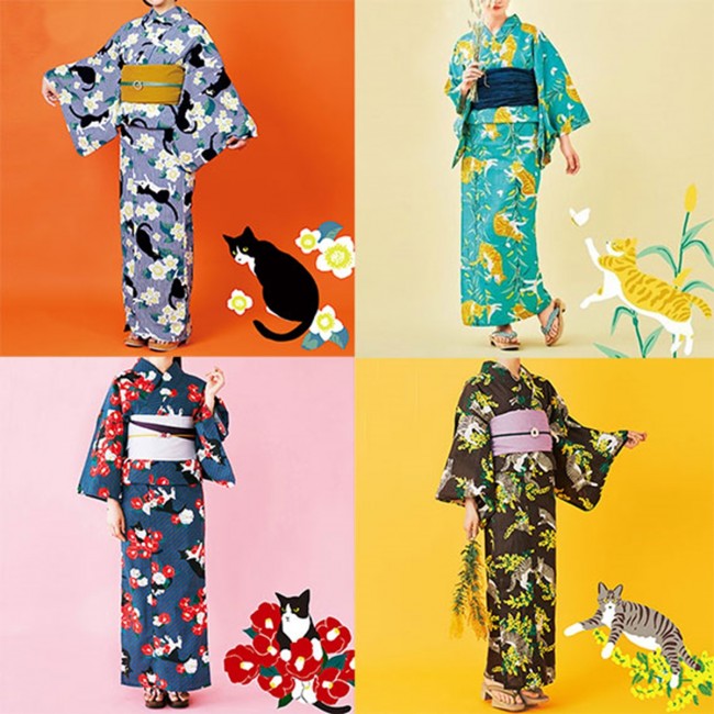 フェリシモ 猫部 浴衣 ねこじゃらしの草原で遊ぶ茶トラ猫とちょうちょ