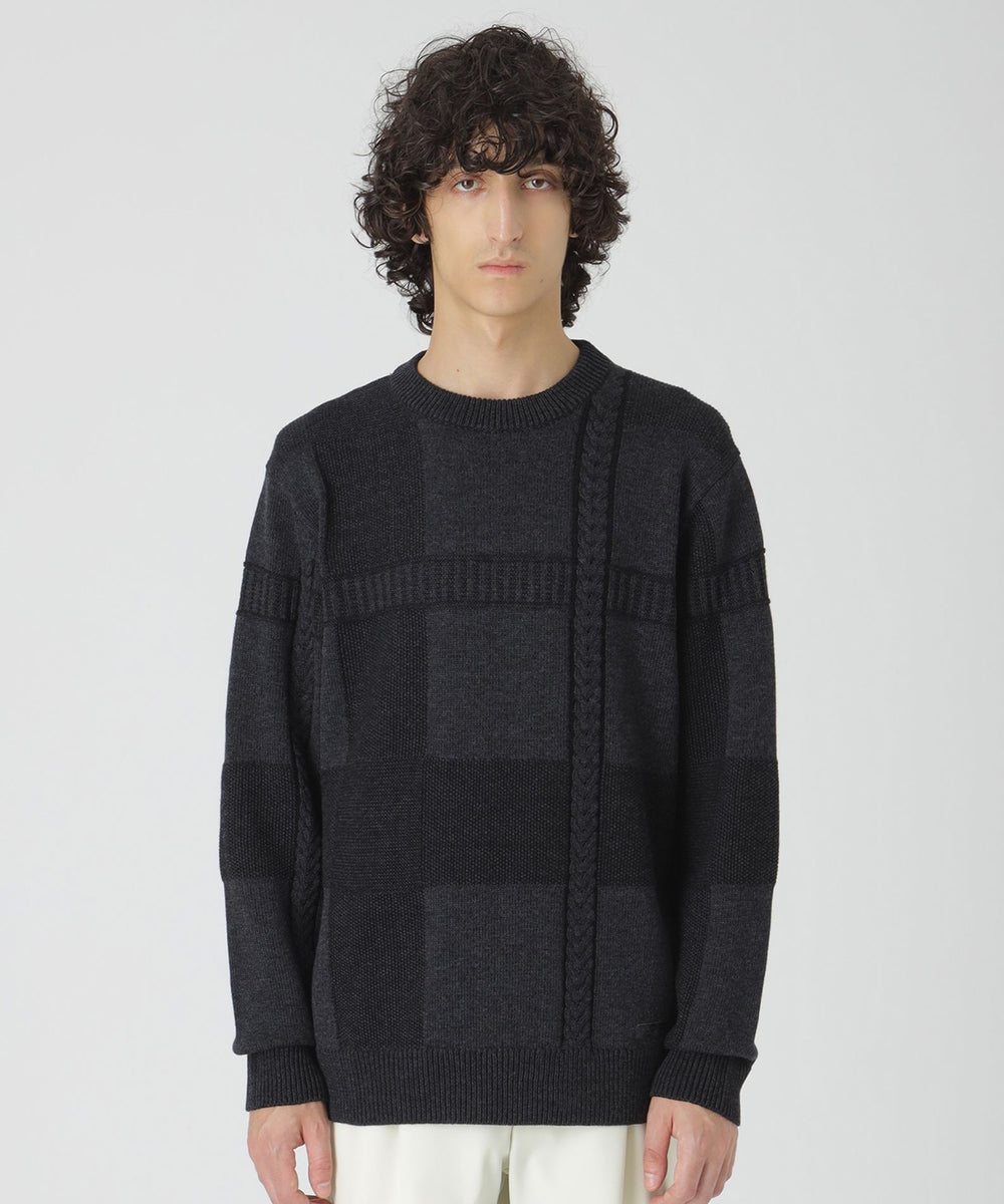 プレーティングカラーシャドーチェックニット（ニットウェア）｜BLACK