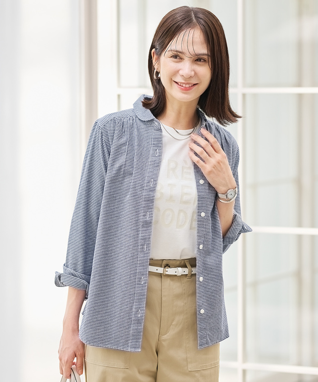 レディース ショールカラー ギンガムチェック ブラウス通販 [0201