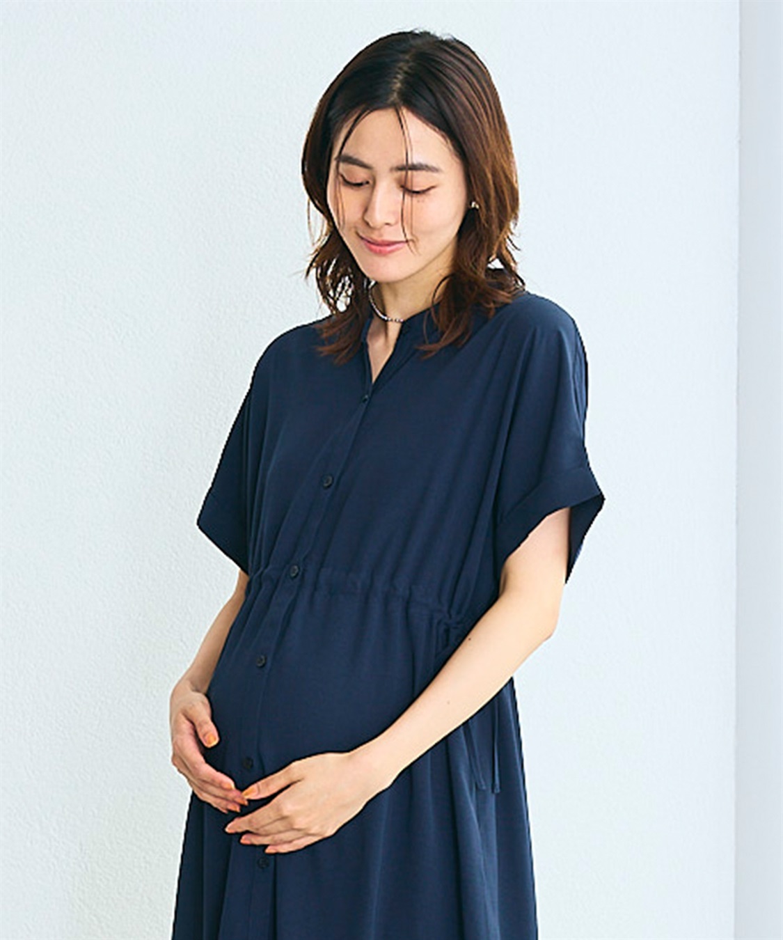 麻調合繊スキッパ― ドロストシャツワンピース（マタニティ/授乳服