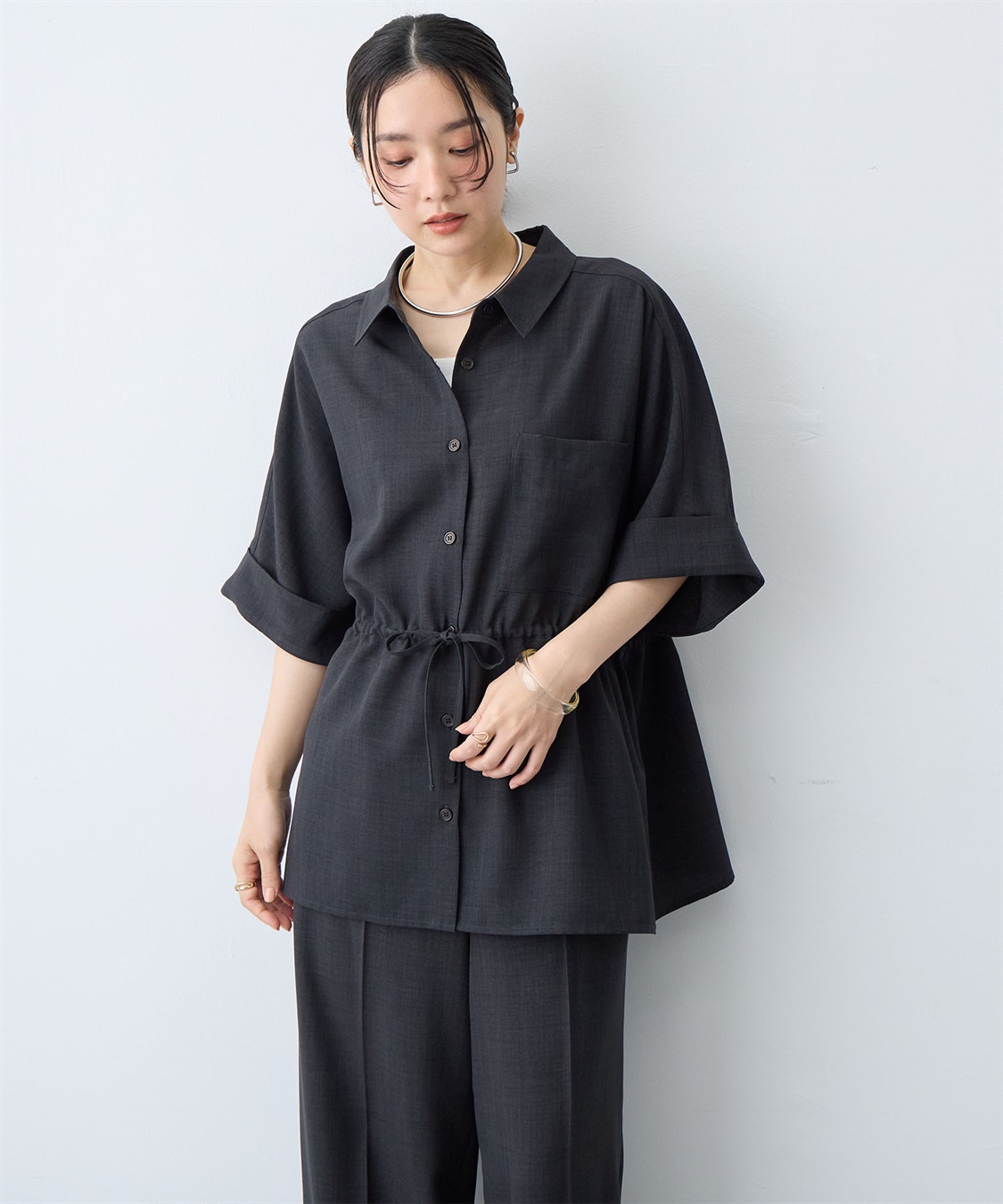 anyfee/大きいサイズ】リネン調ウエストドロストシャツブラウス《接触