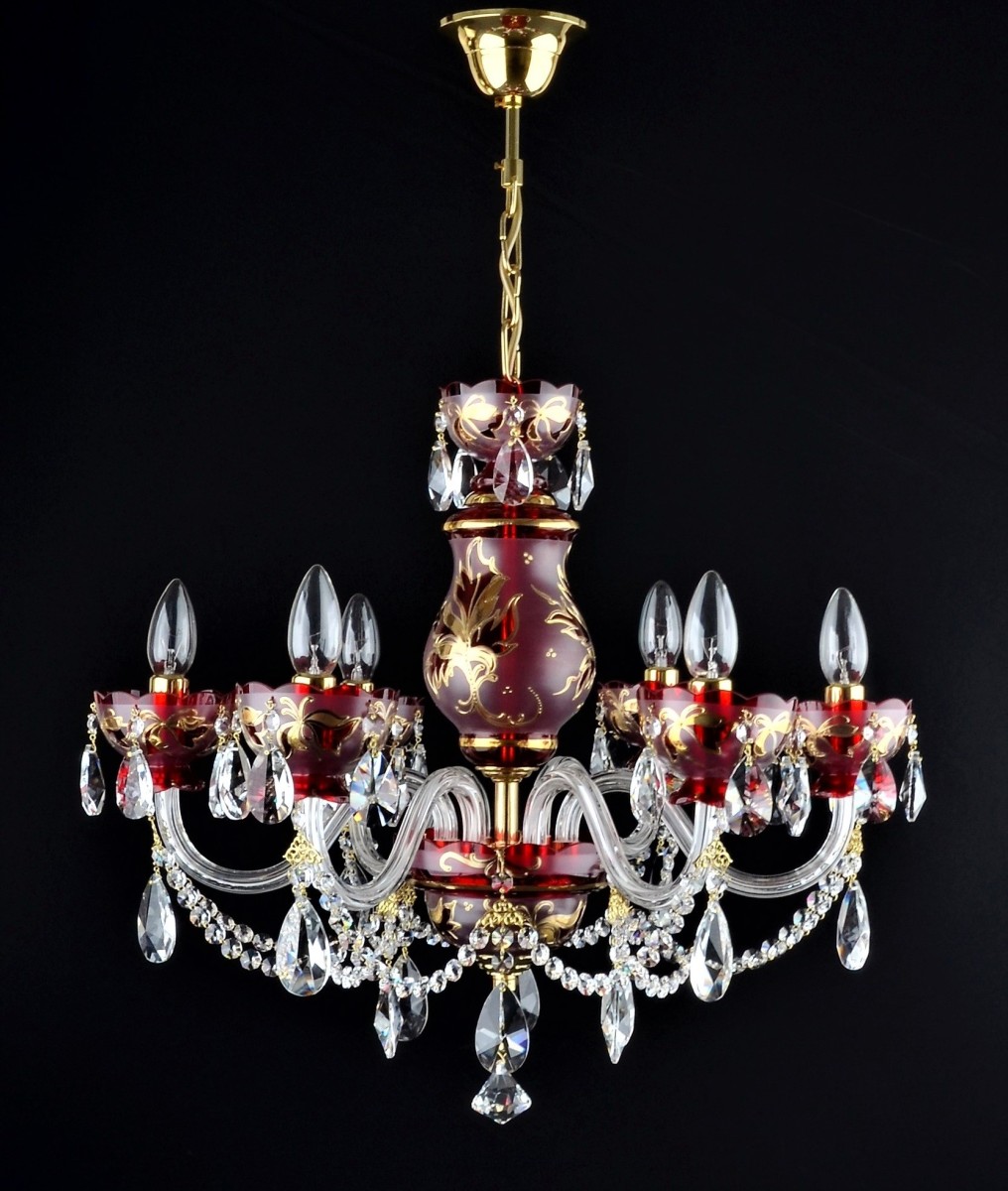 6 Arms ruby red crystal chandelier with with hand painting - Gold