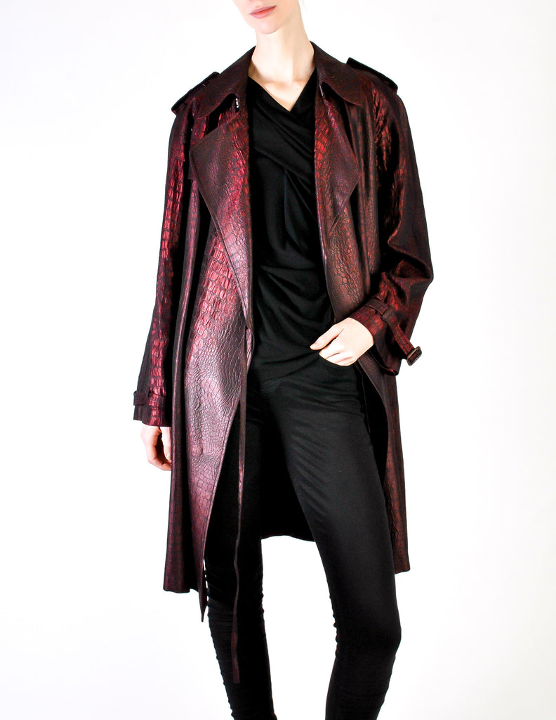 Jean Paul Gaultier Vintage Metallic Maroon Alligator Print Trench