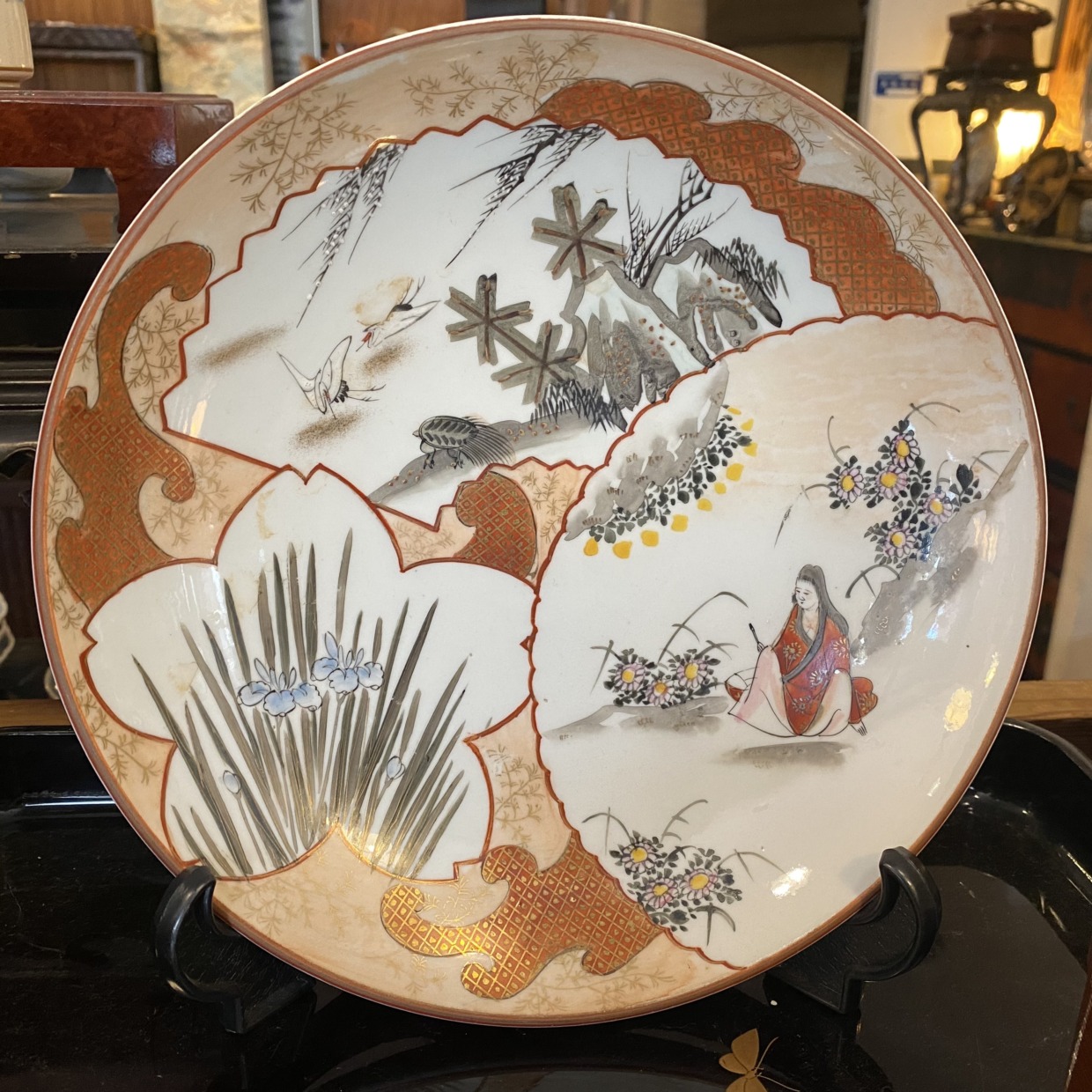 九谷焼 8寸絵皿 筆を持った女性の図 明治後期 | Antique Nanae