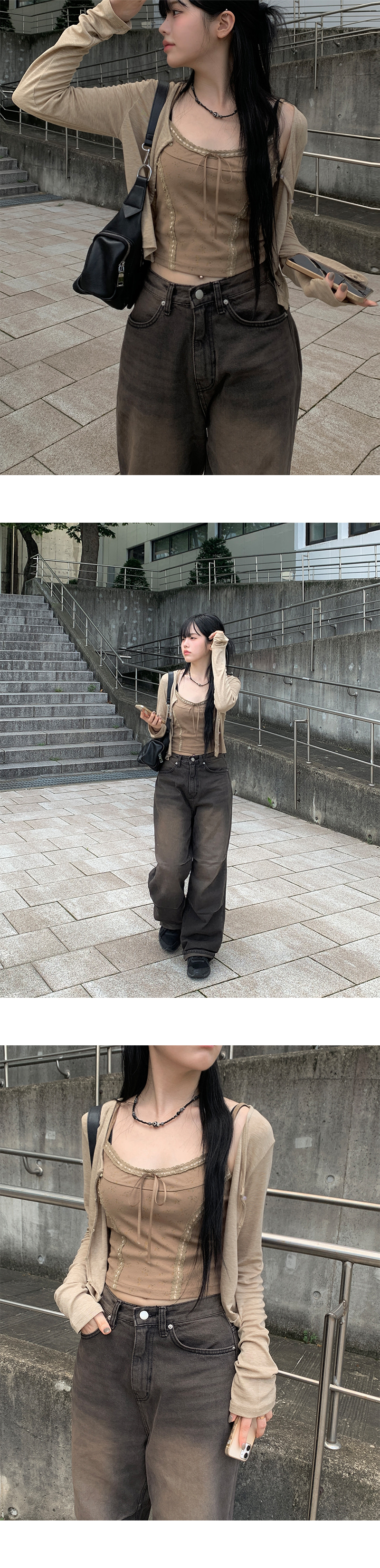 膝ダーツウォッシングブラウンワイドデニムパンツ | ファッション通販