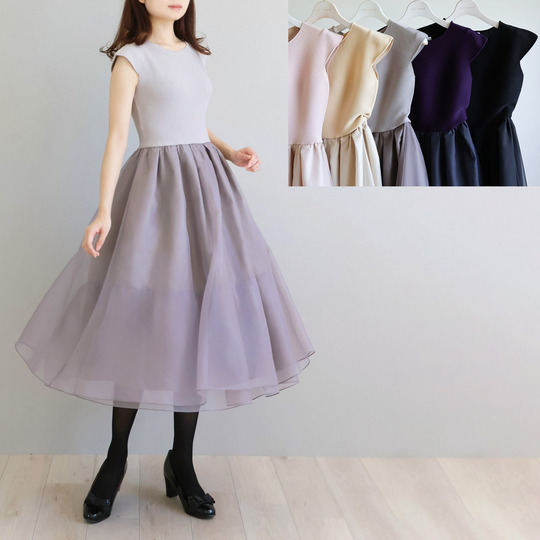 ショルダースリーブ オーガンジータフタ ドッキングワンピース