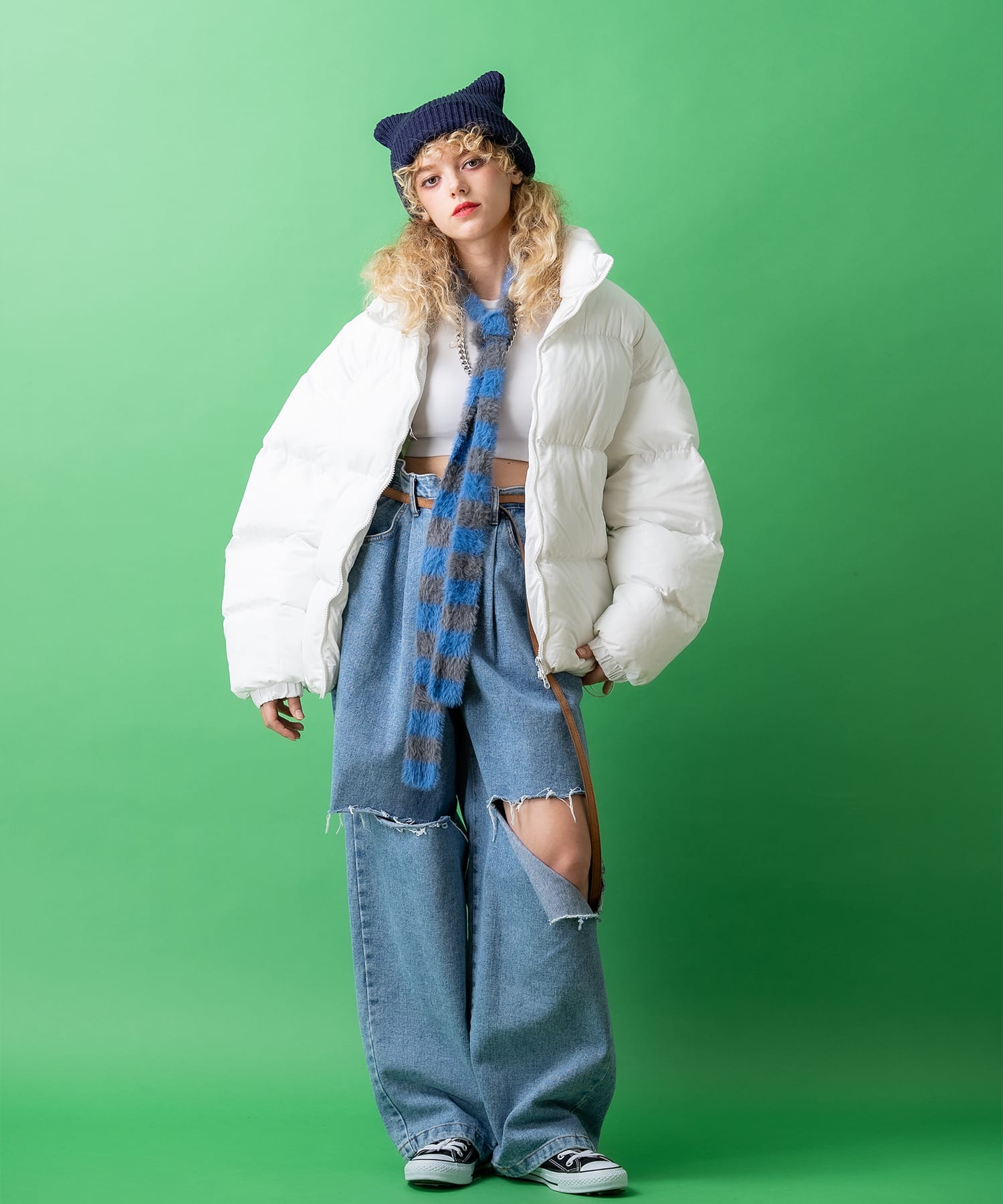 ボーダーファーニットロングナロースカーフ / レディース メンズ ユニ