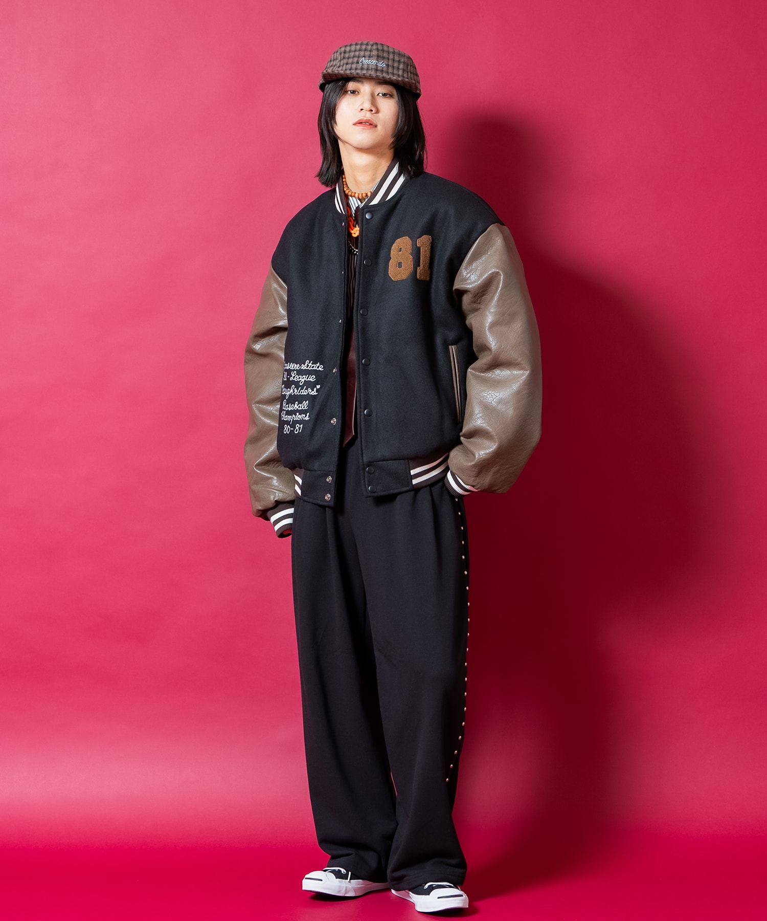 チェーンステッチ刺繍サガラワッペンウール＆合成皮革切替キルティング