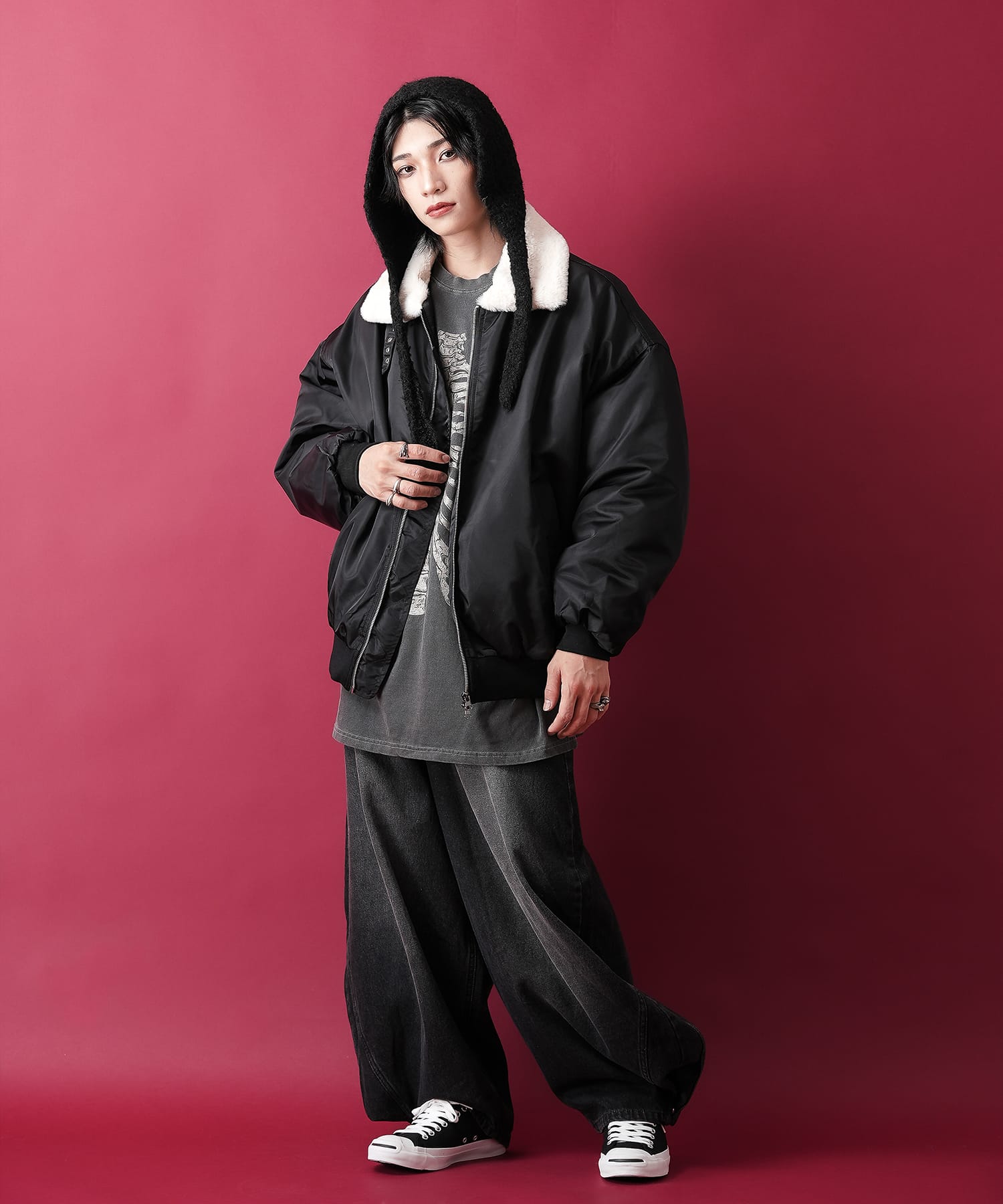 ファー襟ナイロン中綿オーバーサイズフライトジャケット / ミリタリー