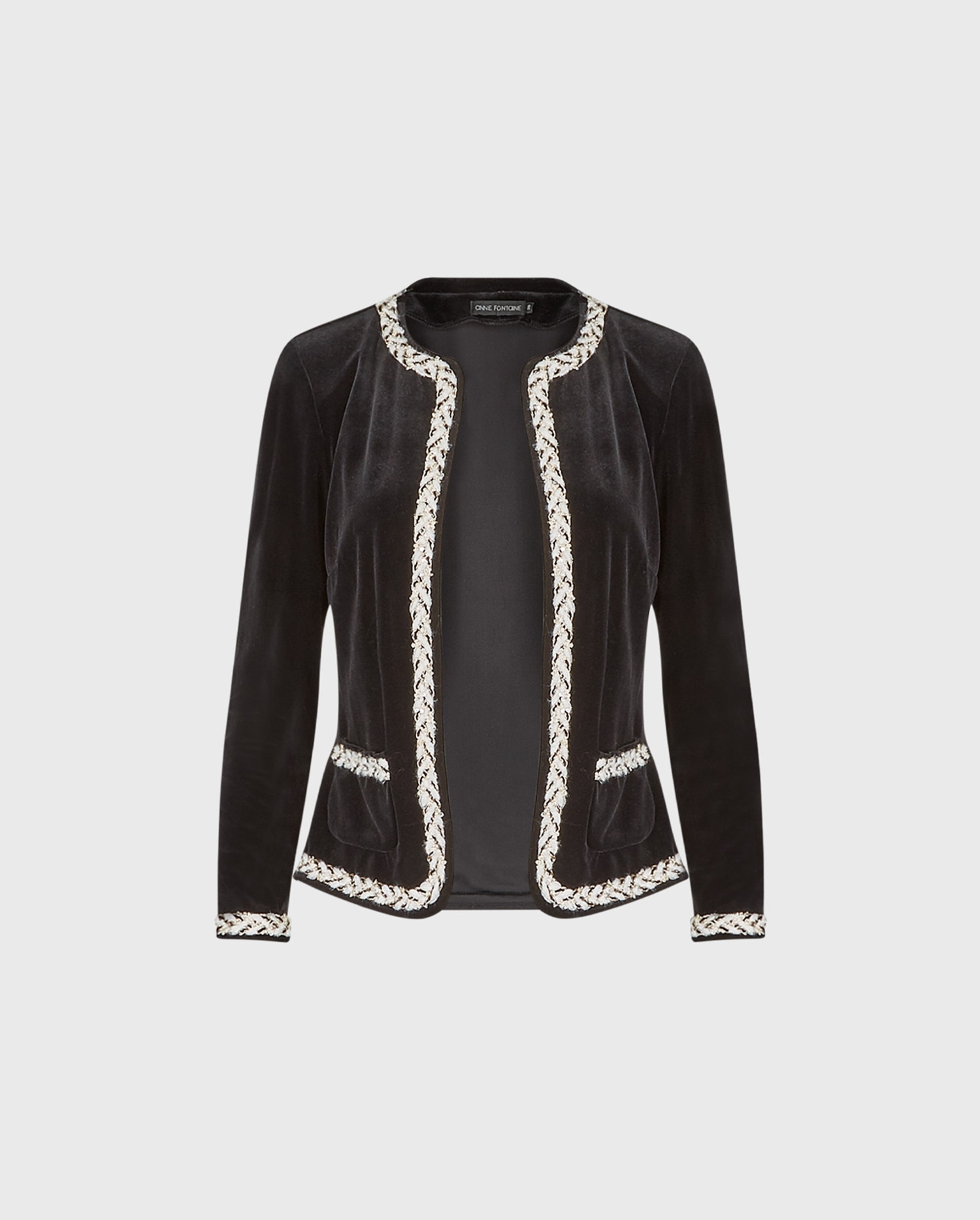 EVETTE Black Velvet Jacket Featuring White, Black & Gold Braided