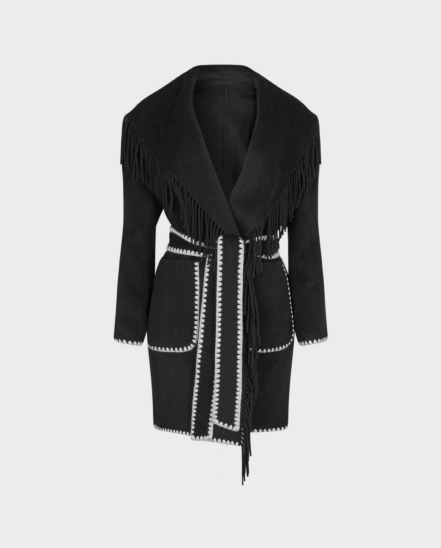 INES Black Wool Coat With Fringe Collar & Geometric Contrasting