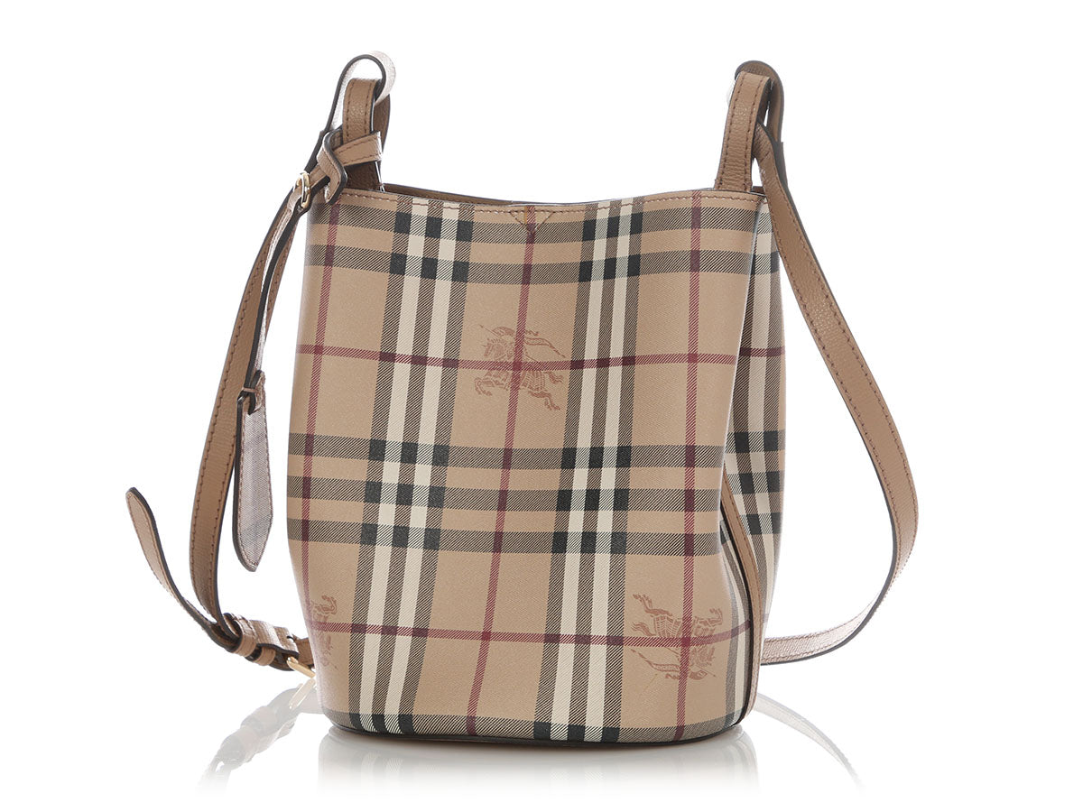 Burberry Small Camel Haymarket Check Lorne Bucket Bag