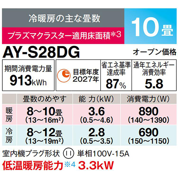 AY-S28DG-W シャープ ルームエアコン DGシリーズ 主に10畳用 ホワイト