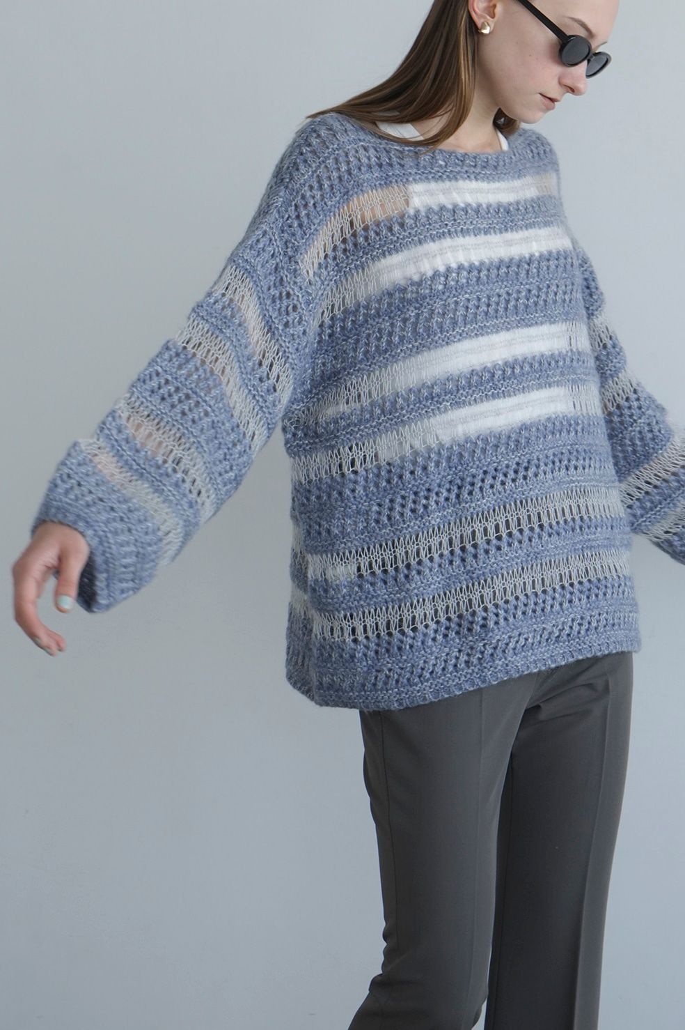 CLANE - ボーダーニットトップス- SHEER BORDER MOHAIR KNIT - BLUE