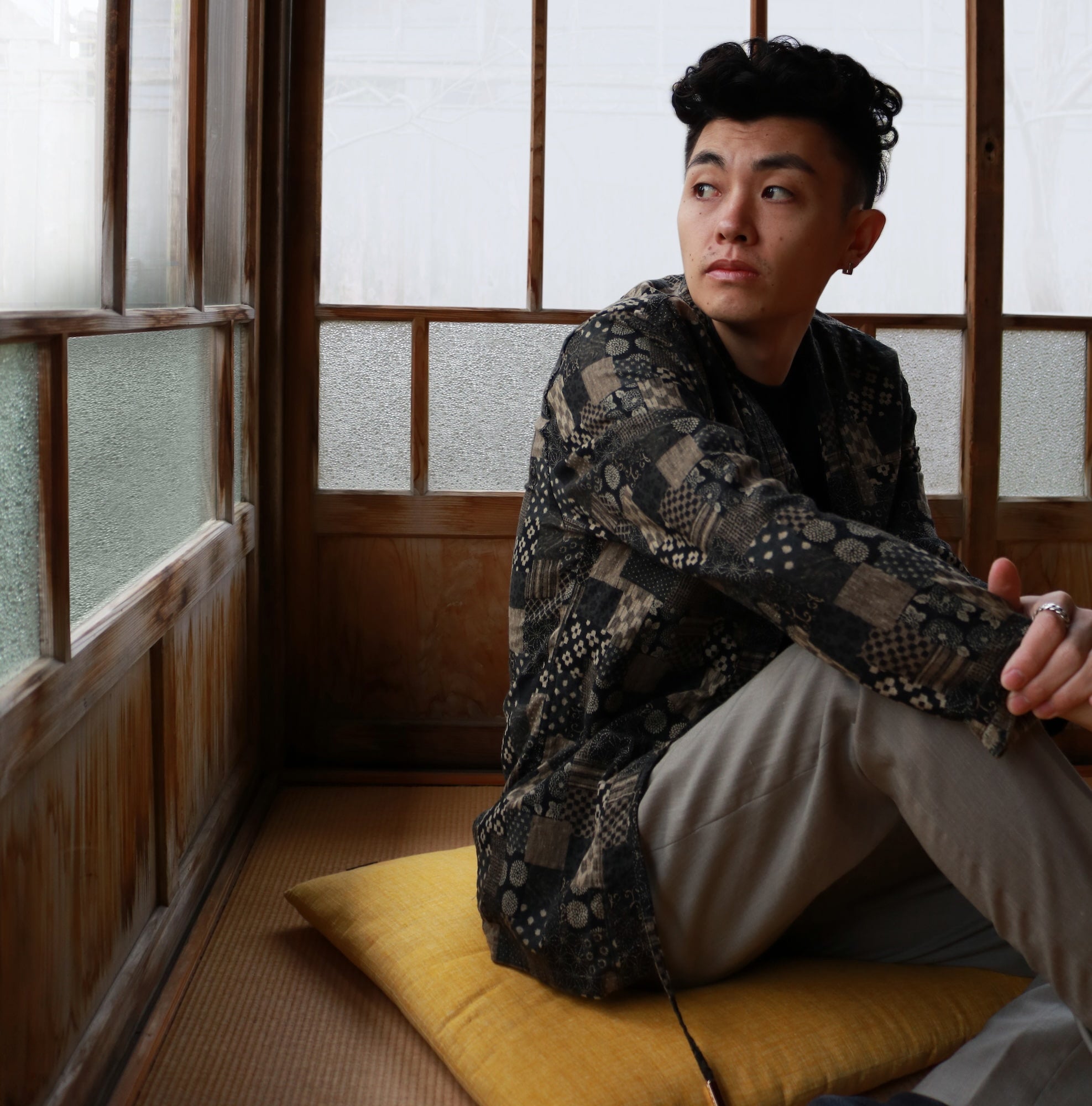 Noragi Jacket - Black Boro Print | AKASHI KAMA Japanese Patchwork