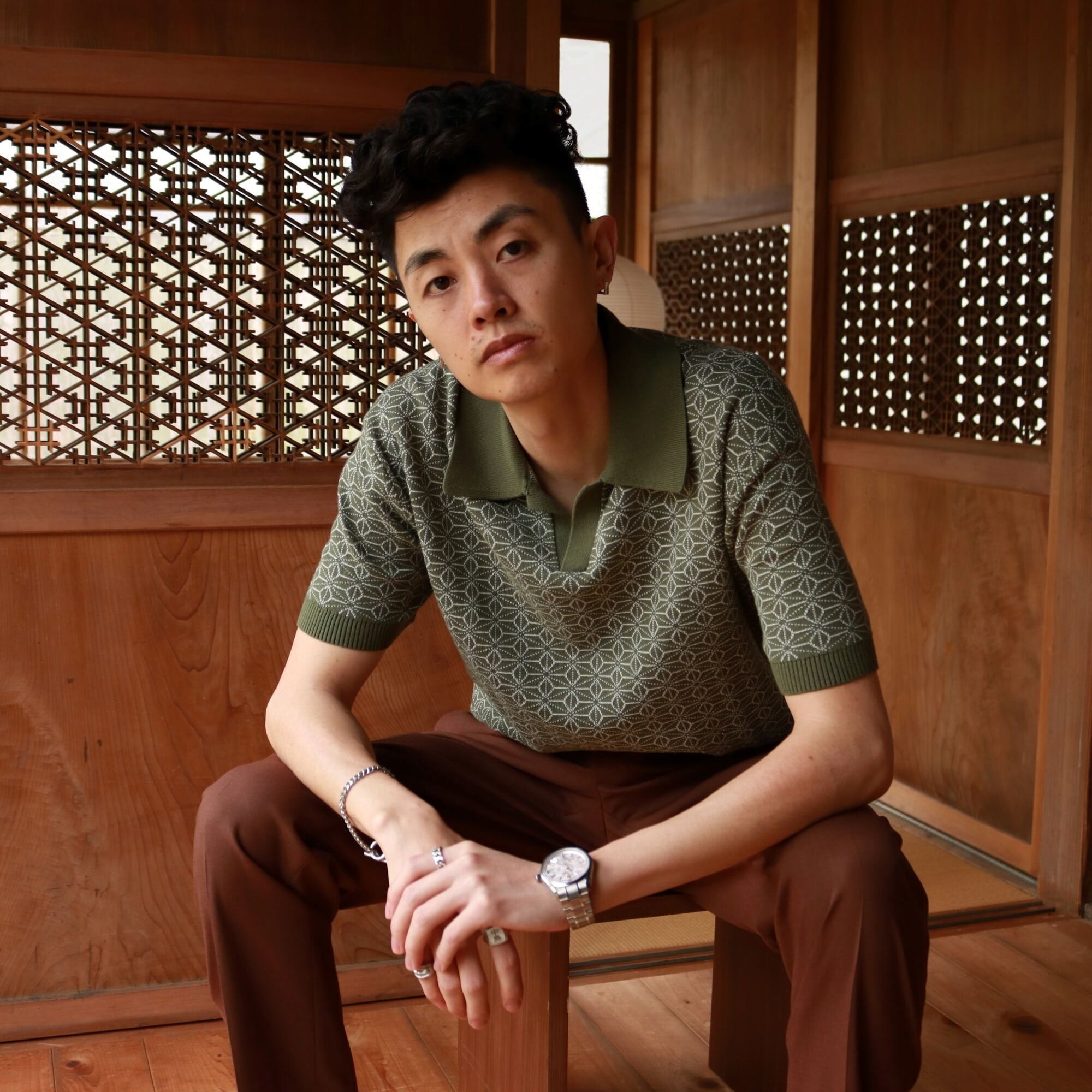 Ojii Knit Polo - Olive Asanoha | AKASHI KAMA Shirt – AKASHI-KAMA