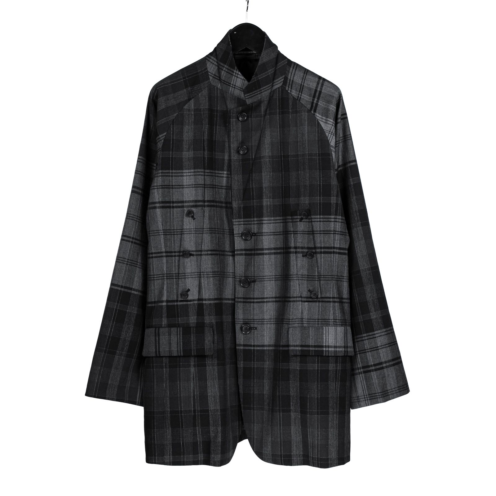 Y's ヨウジヤマモト ノーカラーコート アシンメトリー チェック 黒 M