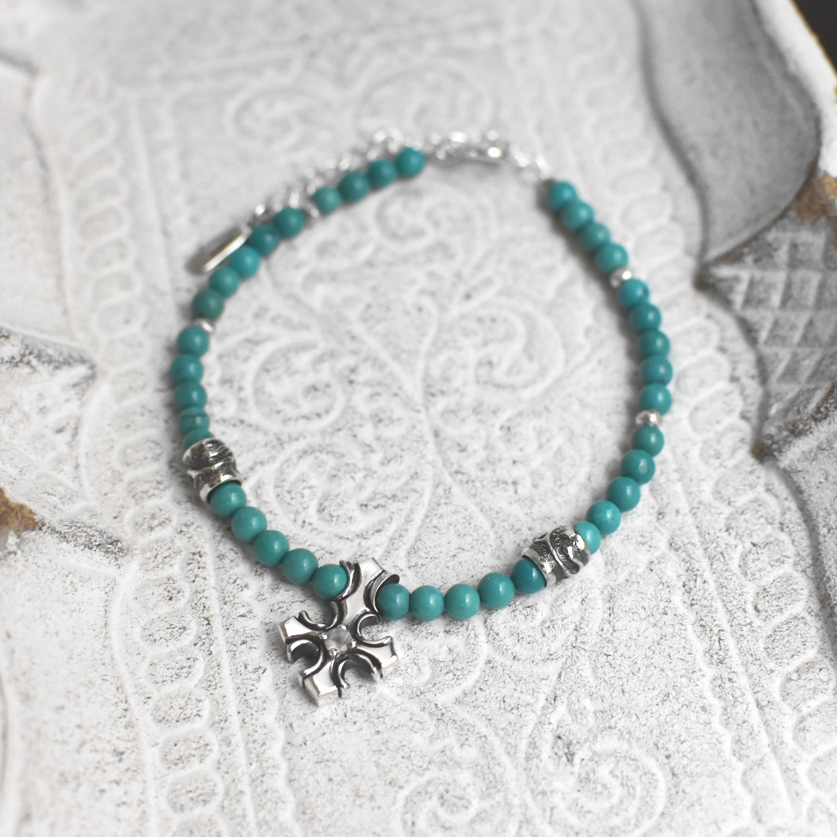 ターコイズ ストーン ブレスレット 逆十字 シルバー925 チャーム