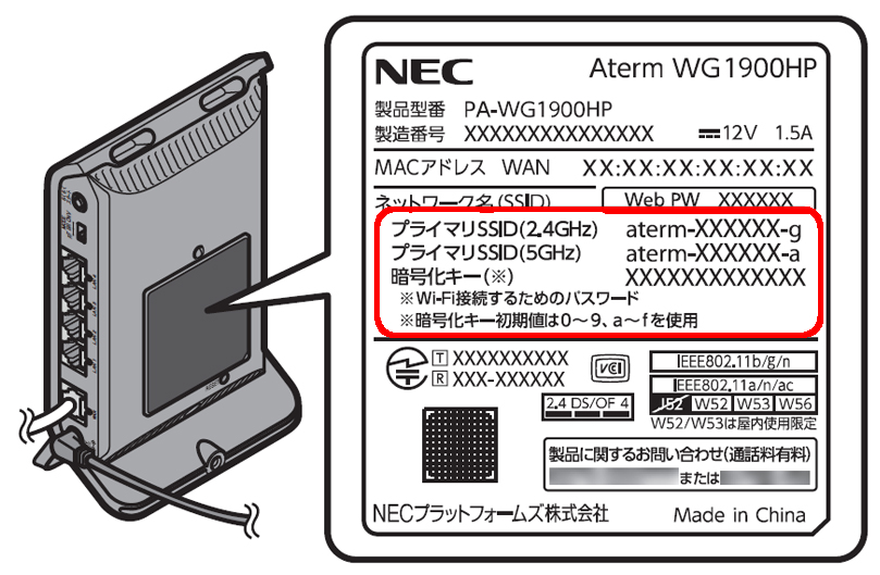WG1900HPのネットワーク名（SSID）と暗号化キーの記載箇所と記載内容