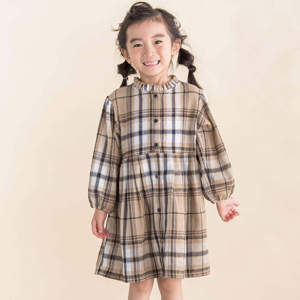 タータンチェックフリル衿ワンピース(80~130cm)(80cm ベージュ系