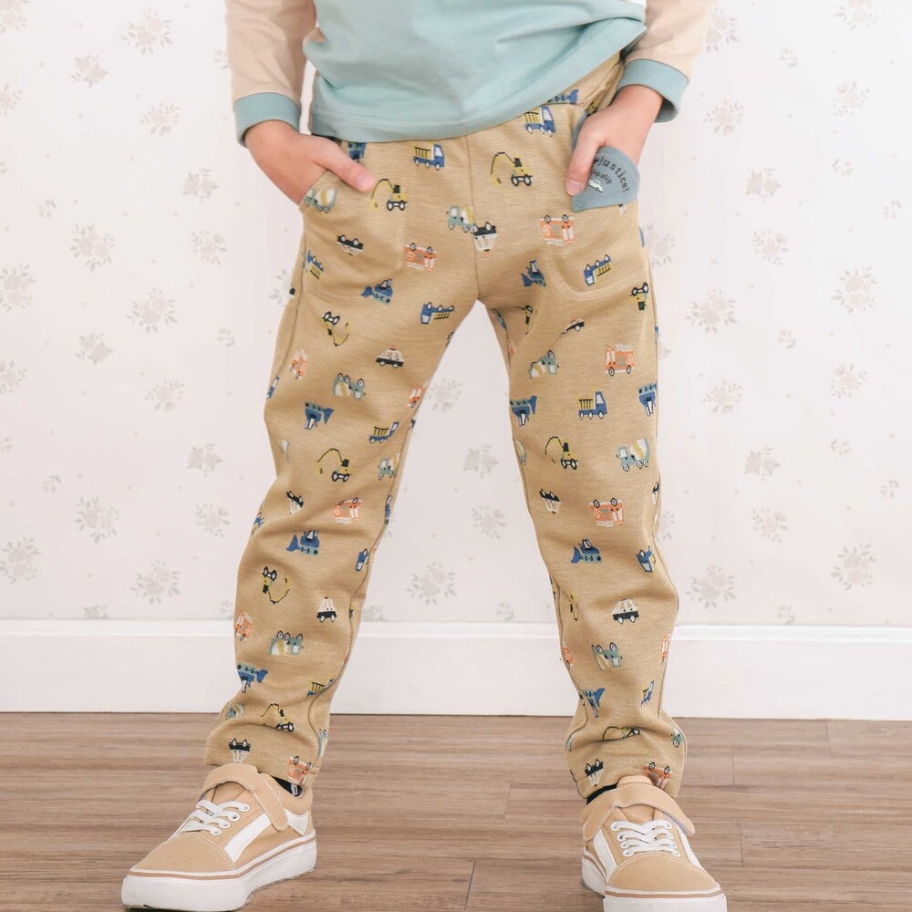 お揃い】チェックくるま総柄ロングパンツ(80~130cm)(80cm ベージュ系