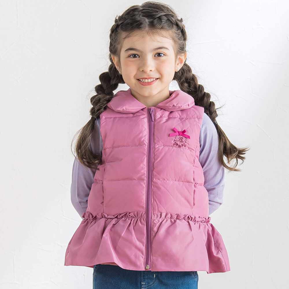 撥水加工】ペプラムフリルタフタダウンベスト(90~150cm)(90cm ピンク