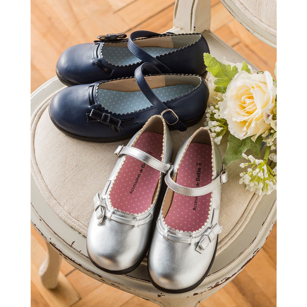 リボン 付き ストラップ シューズ (17~21cm)(17cm グレー): シューズ