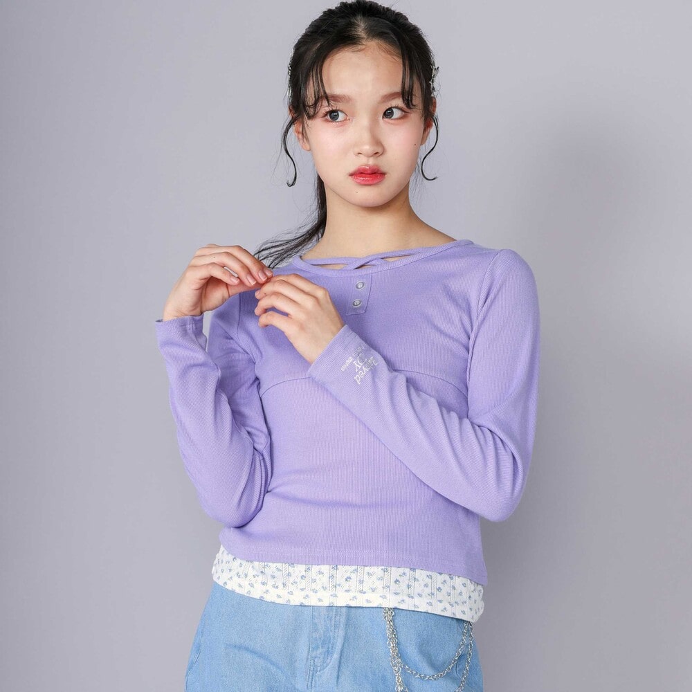 ニコ☆プチ 掲載 】クロスネック裾花柄Tシャツ(130~160cm)(130cm