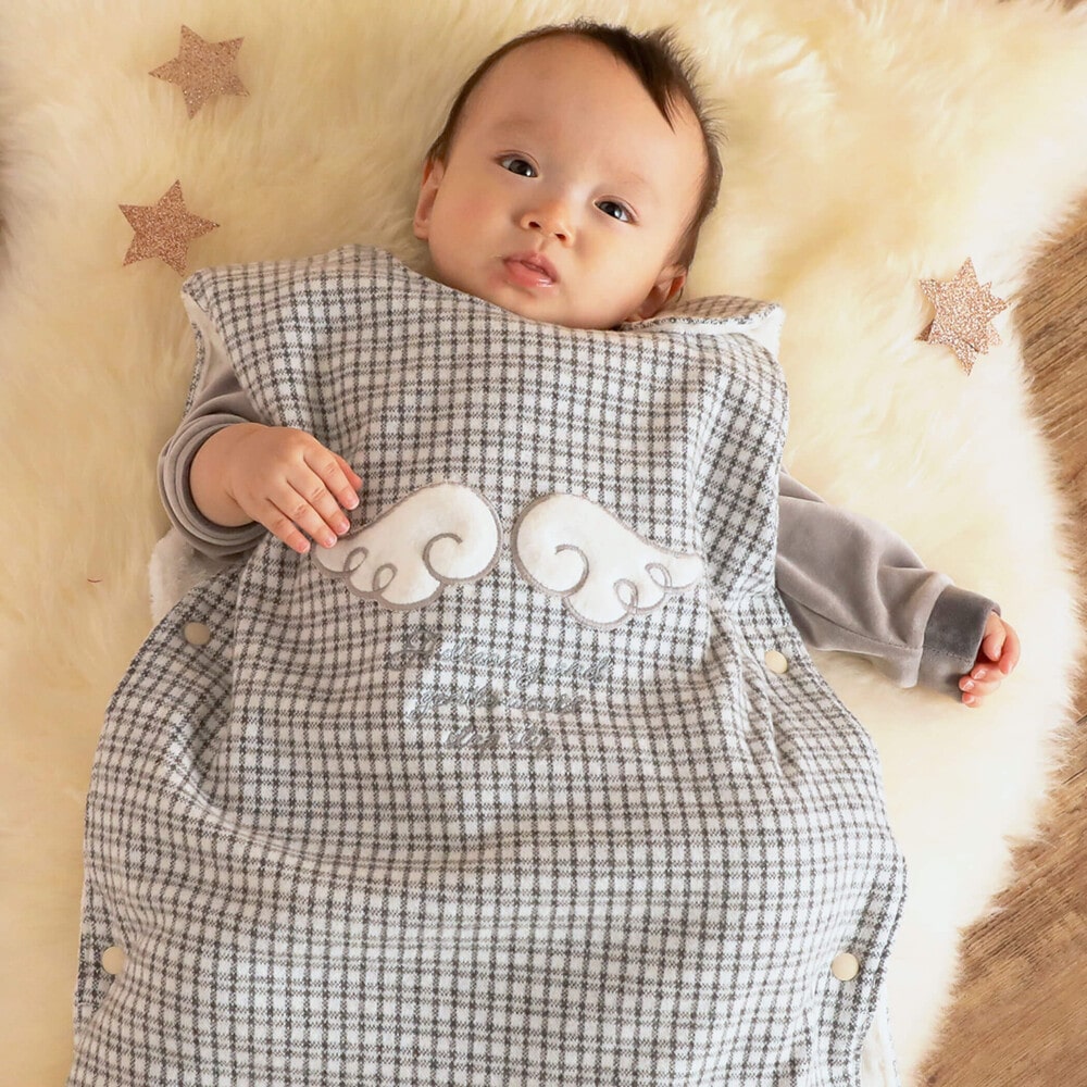 チェック柄天使の羽根モチーフボアスリーパーベビー(ワンサイズ ピンク