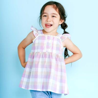 マドラスチェック肩フリルチュニック(90~130cm)(90cm ピンク系