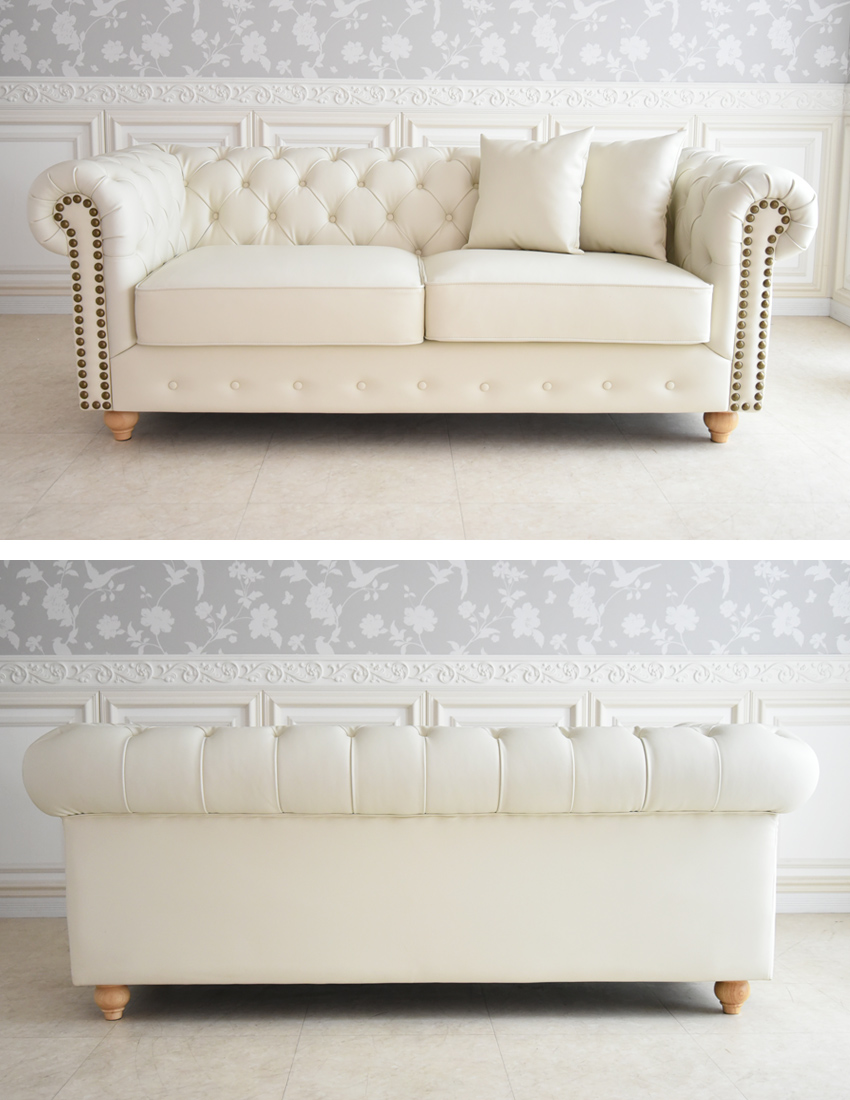 本革 チェスターフィールドソファ 3人掛け アイボリー 幅192cm