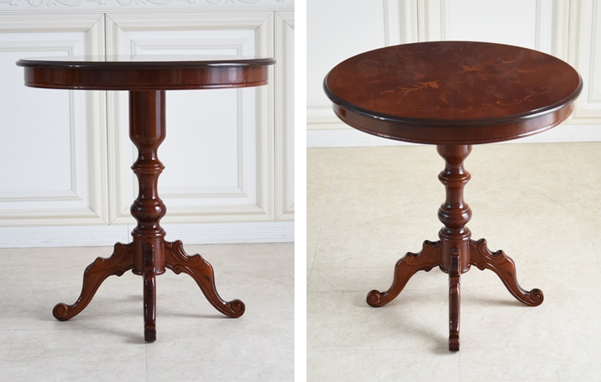 イタリア製 象嵌 円形 ダイニングセット3P 2人掛け 本革レッド