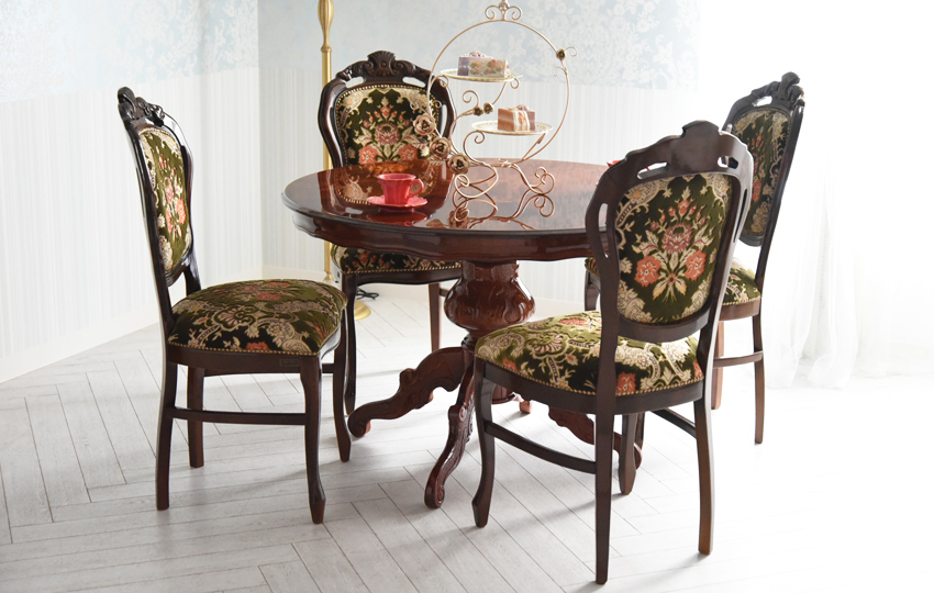 イタリア製 象嵌 ダイニングセット5P 4人掛け 円形 金華山グリーン