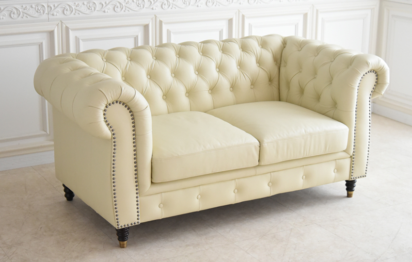 ドイツ製 本革使用 チェスターフィールドソファ2P アイボリー 幅160