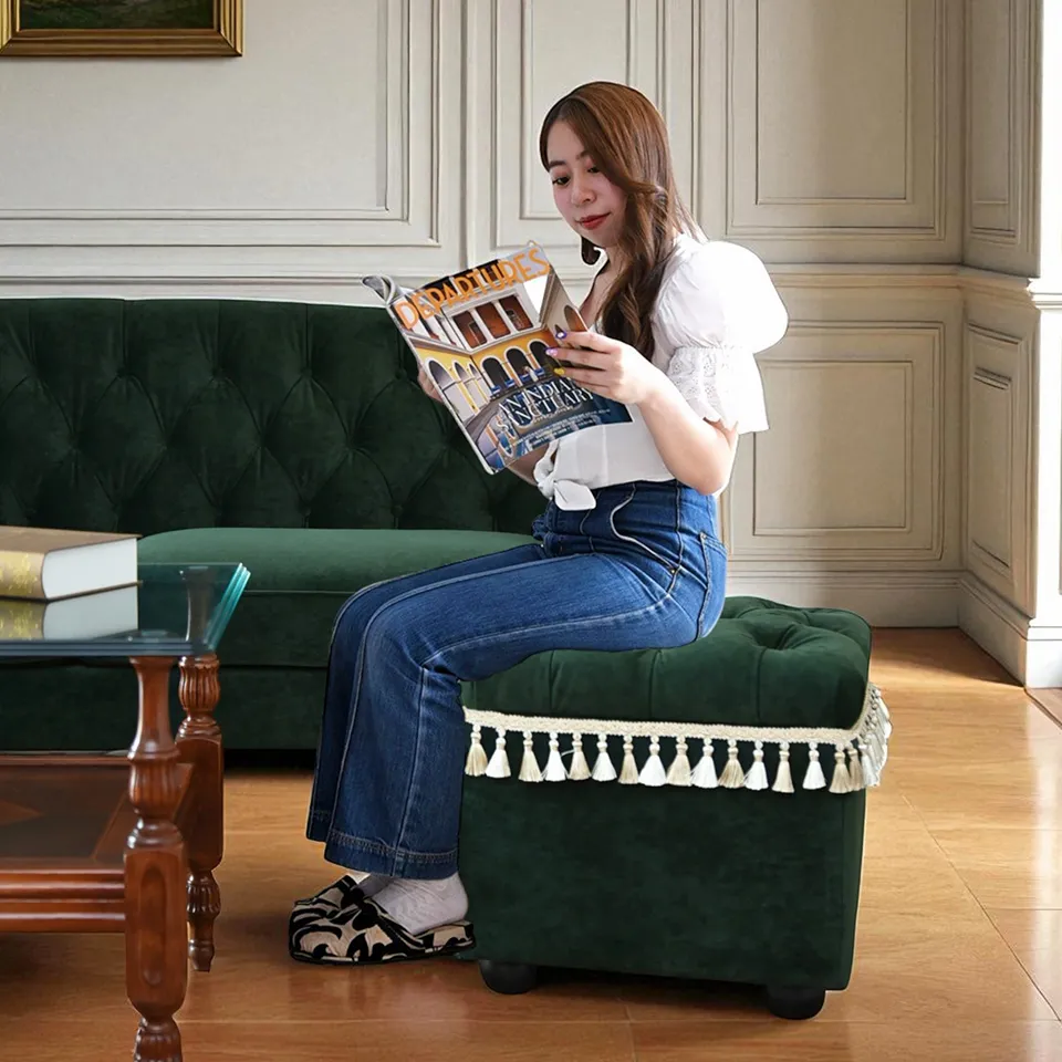 ロワイヤル ヴェール タッセル付 収納スツール ベルベット グリーン