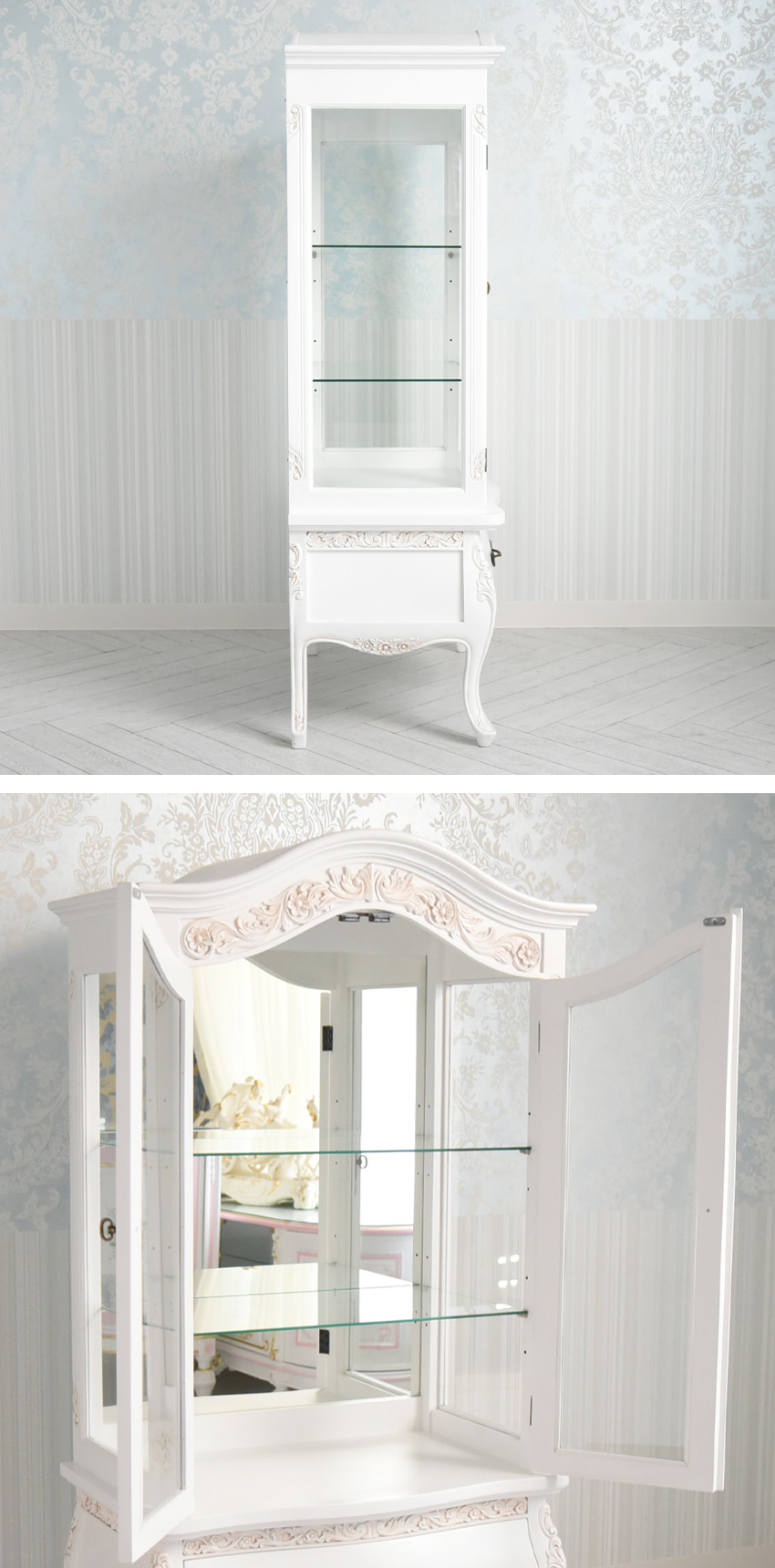 ジュリア ガラスキャビネット 猫脚 ホワイト 幅79cm | ロココ調家具