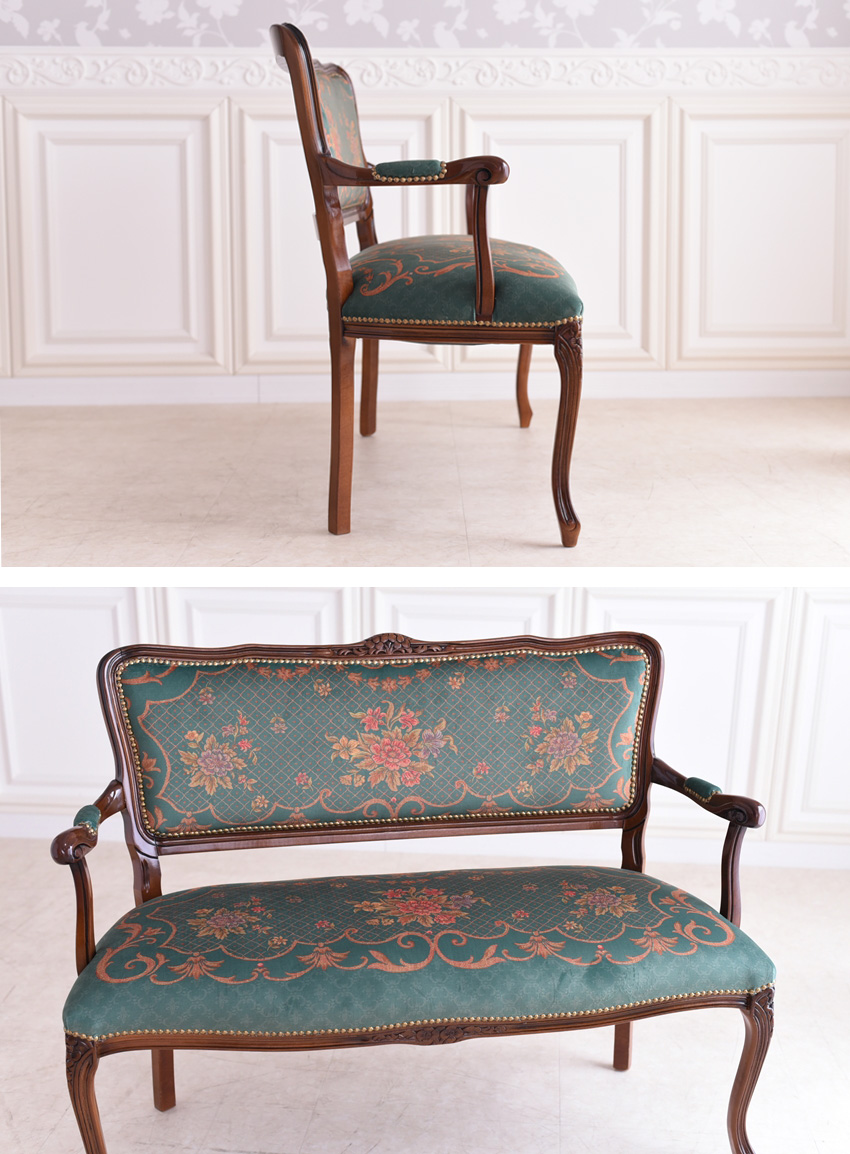 イタリア製 ルネッサンス チェア 2P グリーン 幅119cm | ロココ調家具