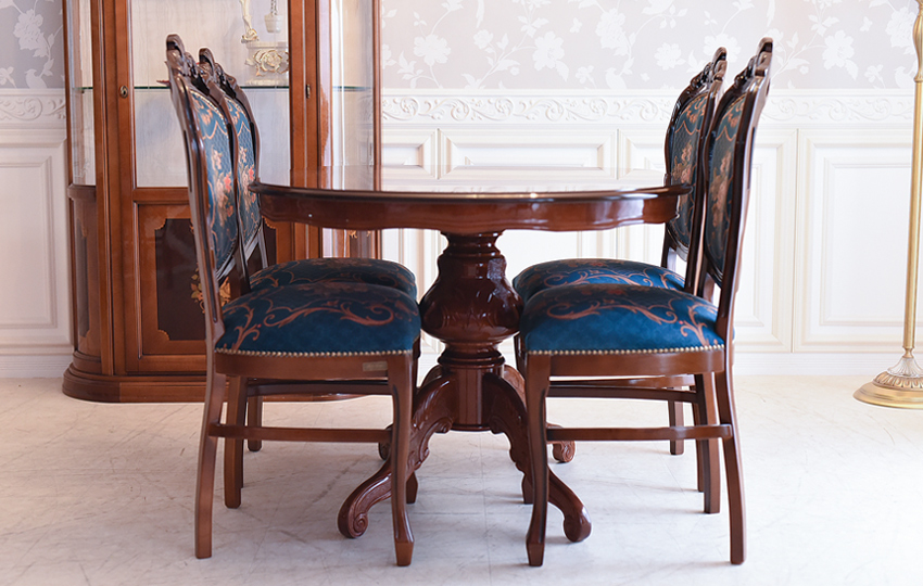 イタリア製 象嵌 ダイニングセット5P 4人掛け ブルー 幅135cm | ロココ