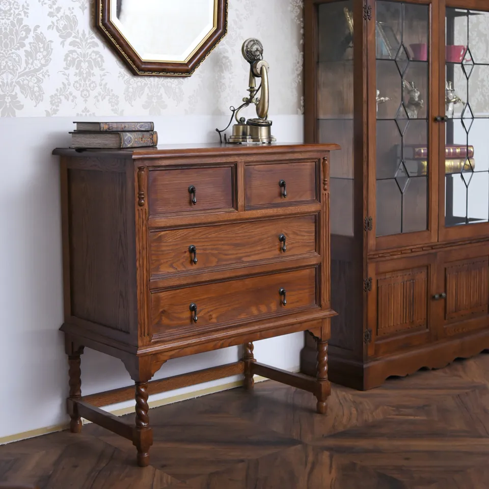 アンティーク調 3段チェスト オーク材 英国調 収納家具 幅80cm｜ロココ