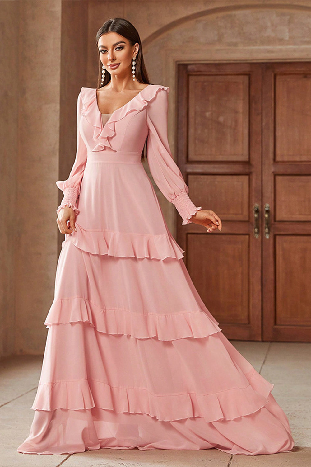 Berylove Women Pink Chiffon A Line Ruffle Maxi Dress with Long