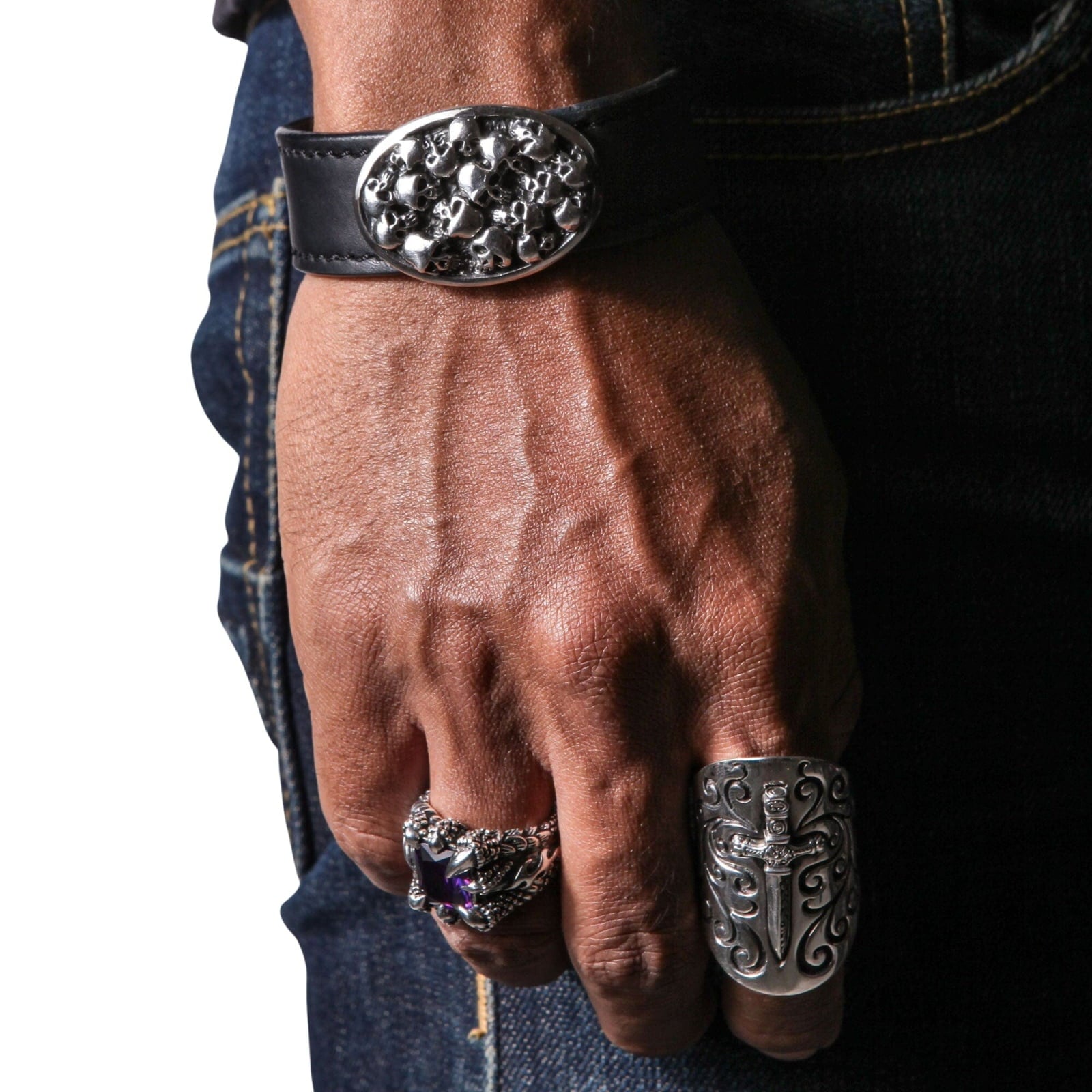 スカルスタック シルバー レザー ブレスレット — 65g | Bikerringshop