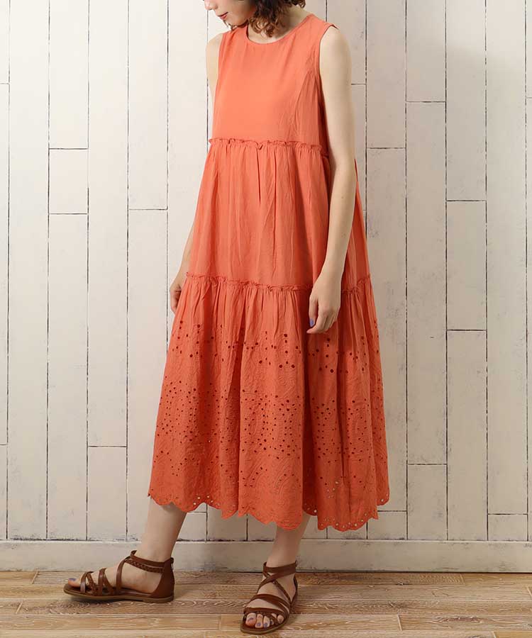 ティアード刺繍ワンピース ワンピース 半袖 半袖ワンピース オレンジ
