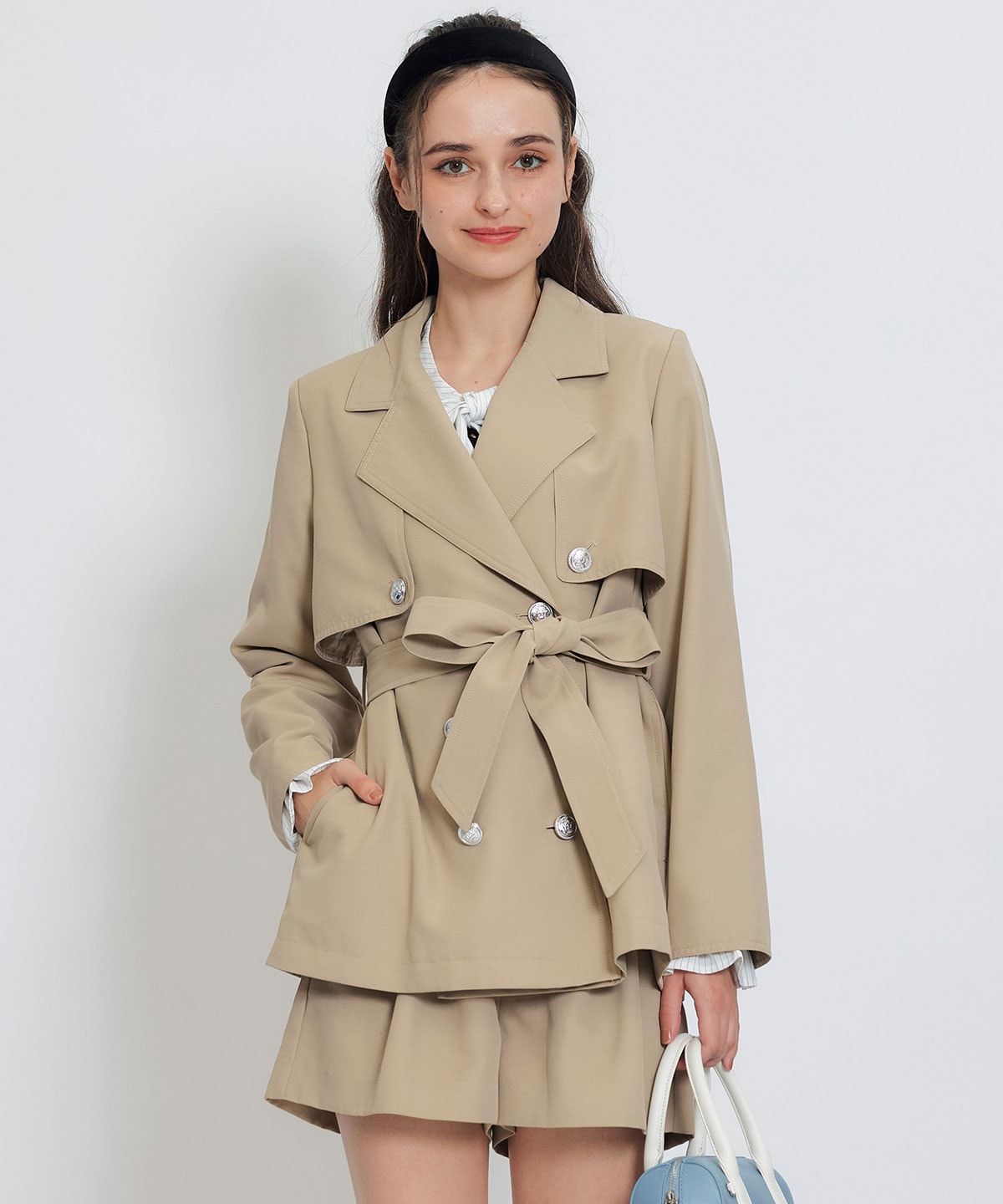 セットアップ可能】2WAYエンブレムボタンミドルトレンチコート(F