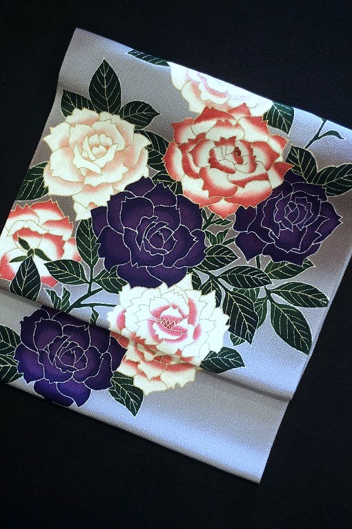 手描き友禅/九寸名古屋帯 久呂田明功作 薔薇