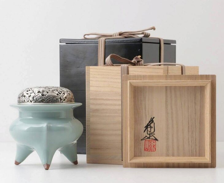 三代 諏訪蘇山 青瓷袴腰香炉 純銀 火屋 共箱 二重箱 茶道具 ｜骨董品