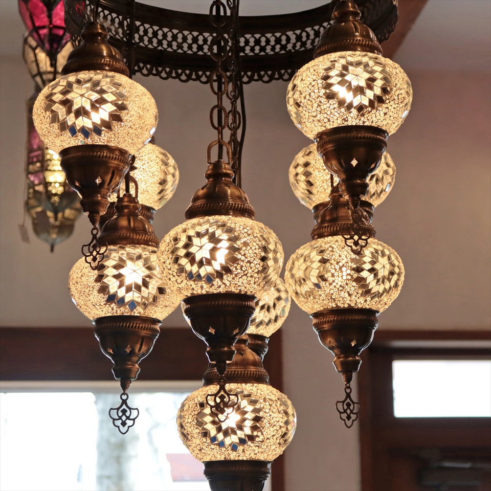 トルコランプ モザイクランプ シャンデリア 9灯 【天井工事必要】 全高