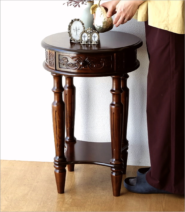 アンティーク調 コンソールテーブル 木製 玄関 花台 飾り台 円形 丸