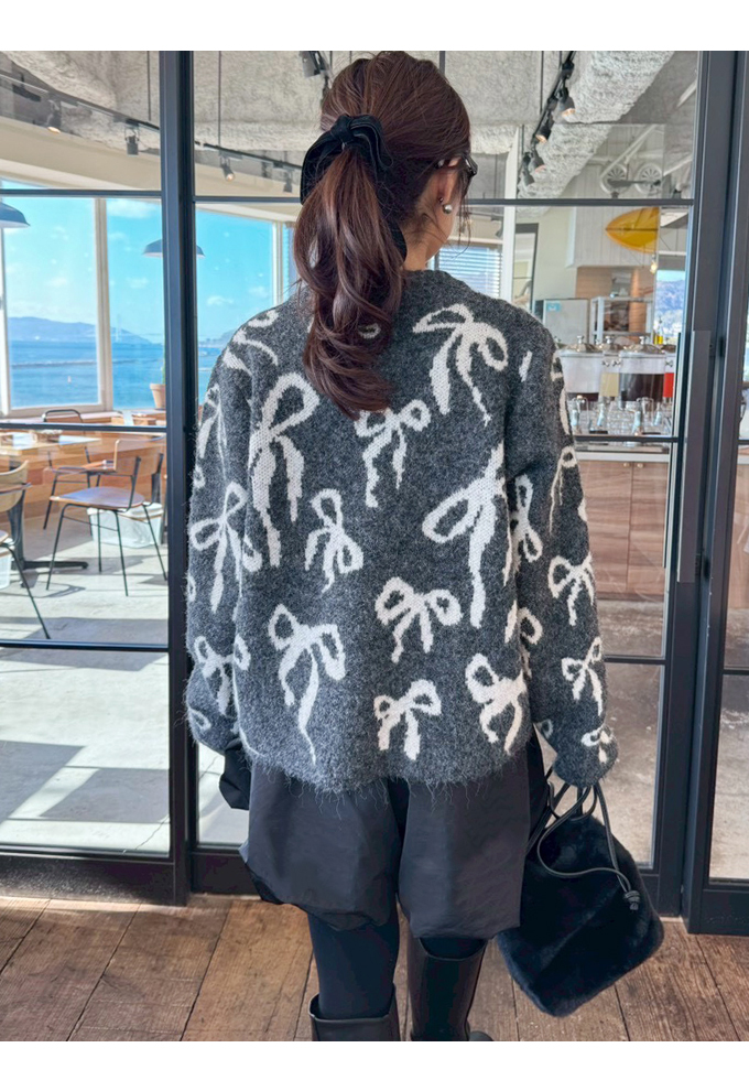 リボン総柄ニットカーディガン【7f-831-06024】