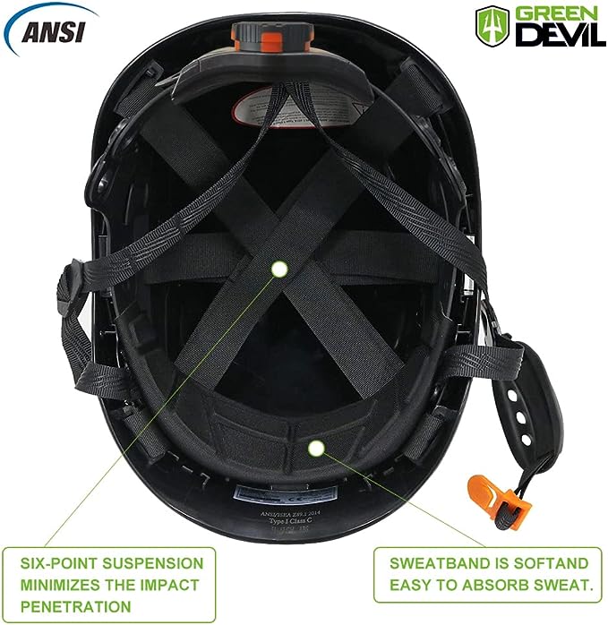 GREEN DEVIL Safety Helmet Hard Hat with Visor Chinstrap Adjustable Lig